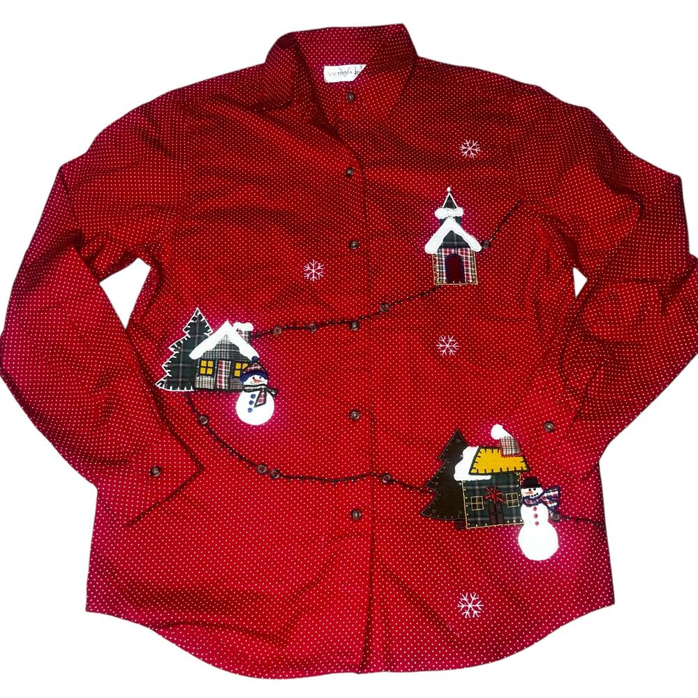 Embroidered Red polka dot Holiday snowman christmas women's Button Up shirt Med